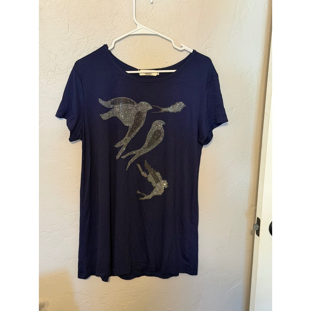 Julia Navy Blue Rhinestone Bird Graphic T-Shirt Short Sleeve Tunic S/M